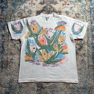 Vintage Painted Floral Bedazzled T-shirt Size XL